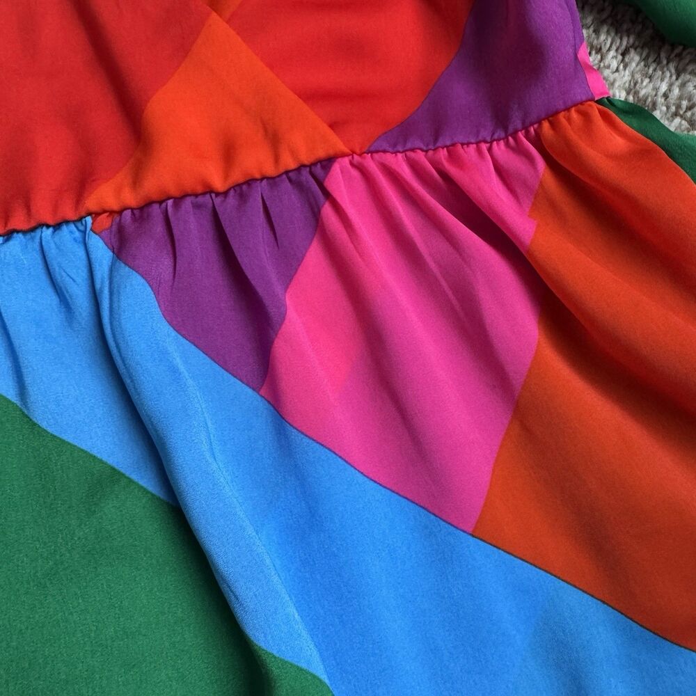 Skies Are Blue Women's Vibrant Color Block Puff Sleeve V-neck Peplum Top Sz L - Picture 5 of 6
